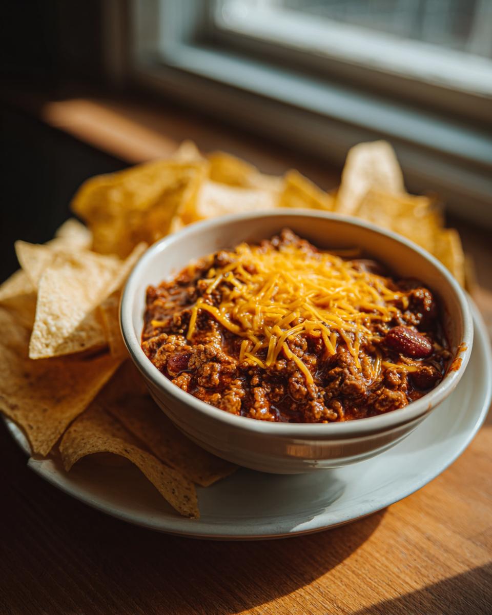 Bowl of chili topped with shredded cheese, served with tortilla chips. Easy Dinner Recipes Recipe Everyone Asks For.