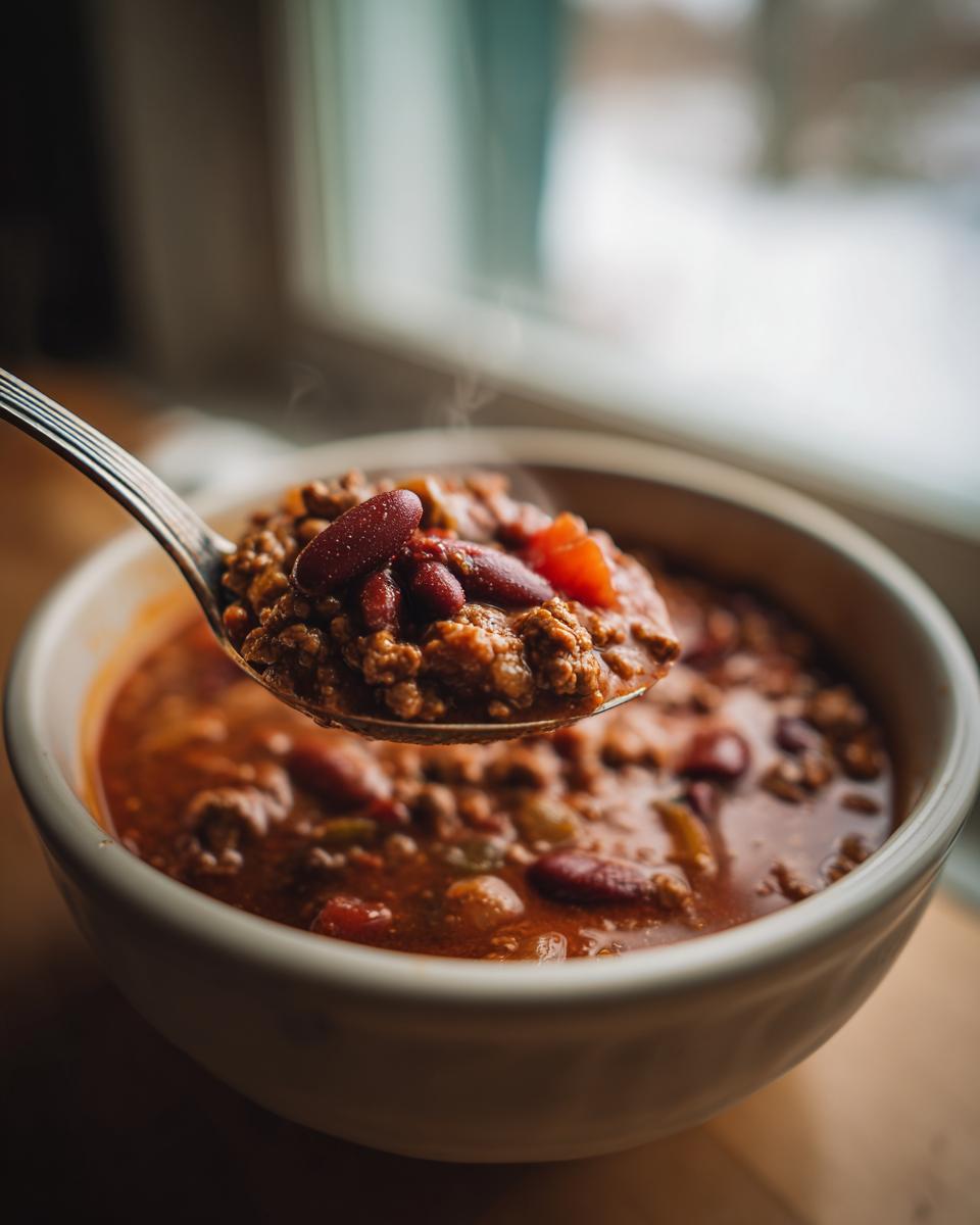 Spoonful of chili with beans and meat, part of a Dinner Recipes Recipe Everyone Asks For.