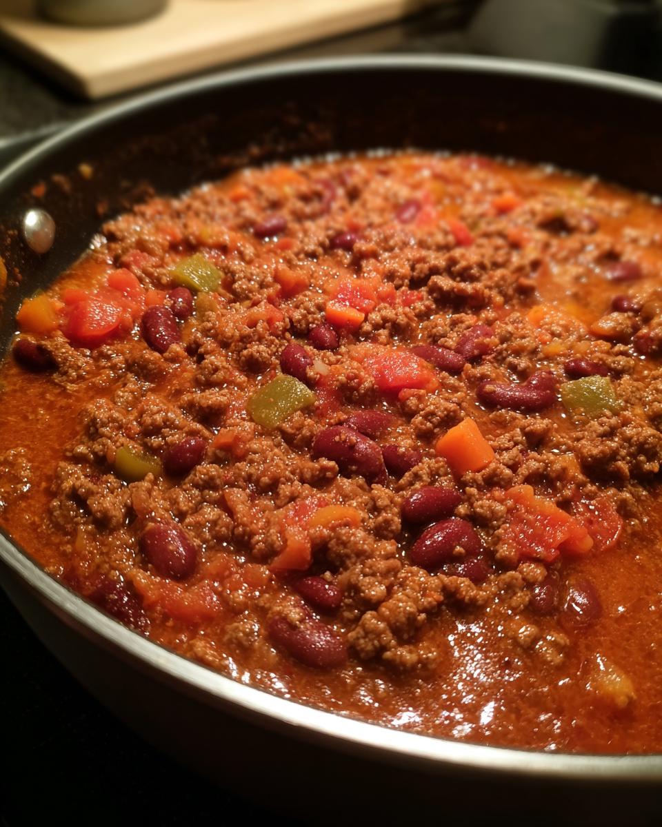 Close-up of a pan of chili with ground beef, kidney beans, tomatoes, and peppers, for dinner ideas.