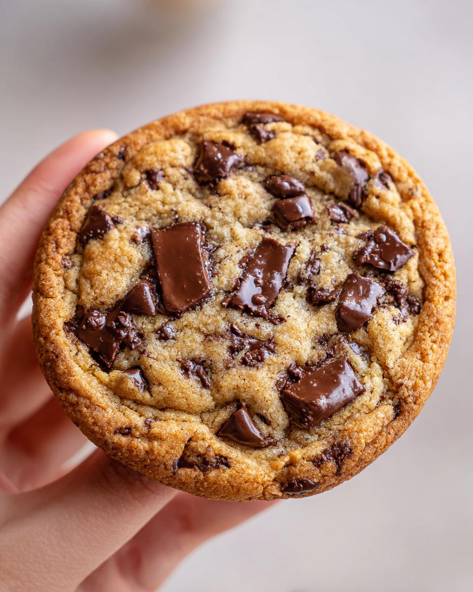 A hand holds a chocolate chip cookie, showcasing its crispy outside and promise of a juicy inside, perfect for Best Thanksgiving Desserts 2025.