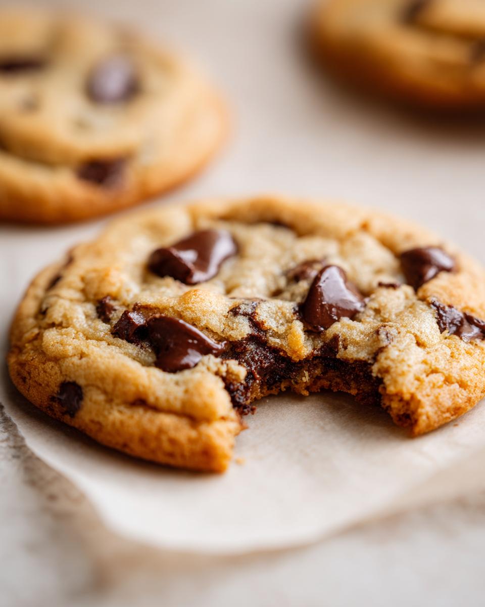 A chocolate chip cookie with a bite taken out, showcasing the crispy outside and juicy inside, for Best Thanksgiving Desserts 2025.