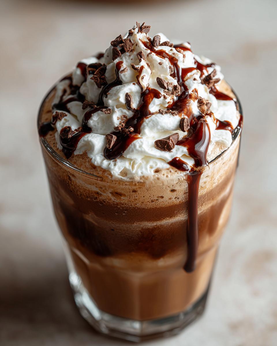 A chocolate frappuccino, one of the Starbucks Drinks in 20 Minutes, topped with whipped cream, chocolate syrup, and chocolate shavings.