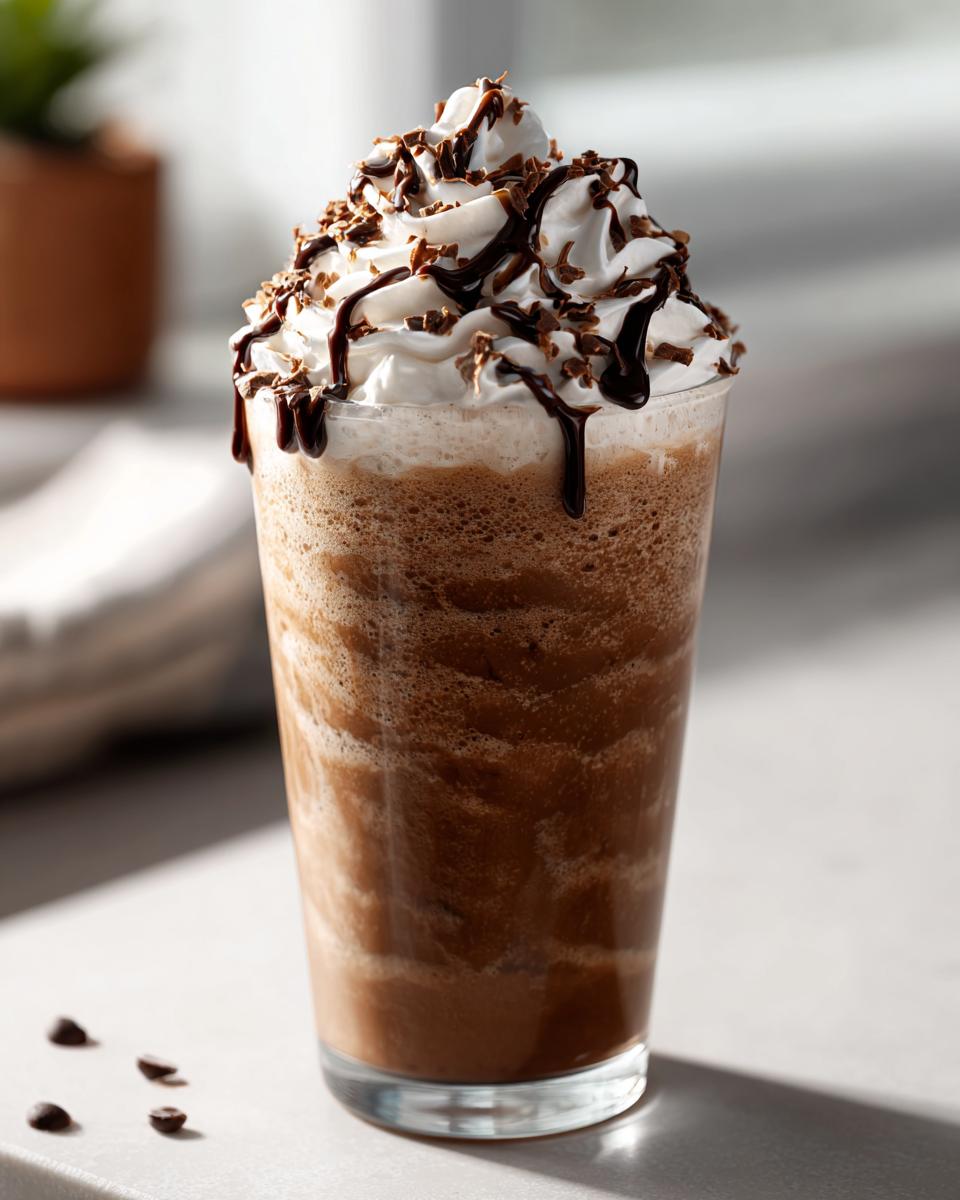 A chocolate blended Starbucks Drinks recipe, topped with whipped cream, chocolate drizzle, and chocolate shavings.