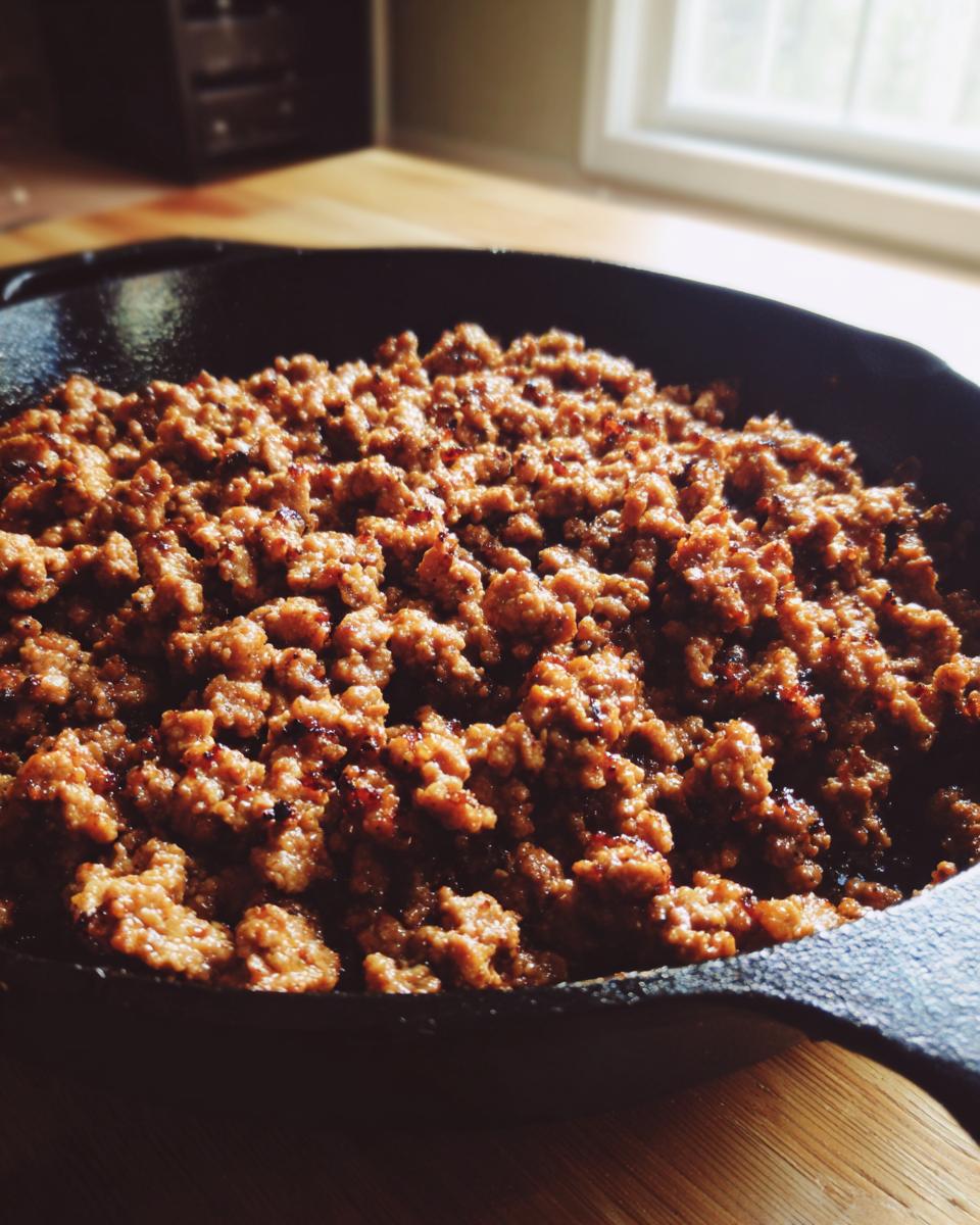 Close-up of cooked ground beef in a cast iron skillet, ready for perfect ground beef recipes.