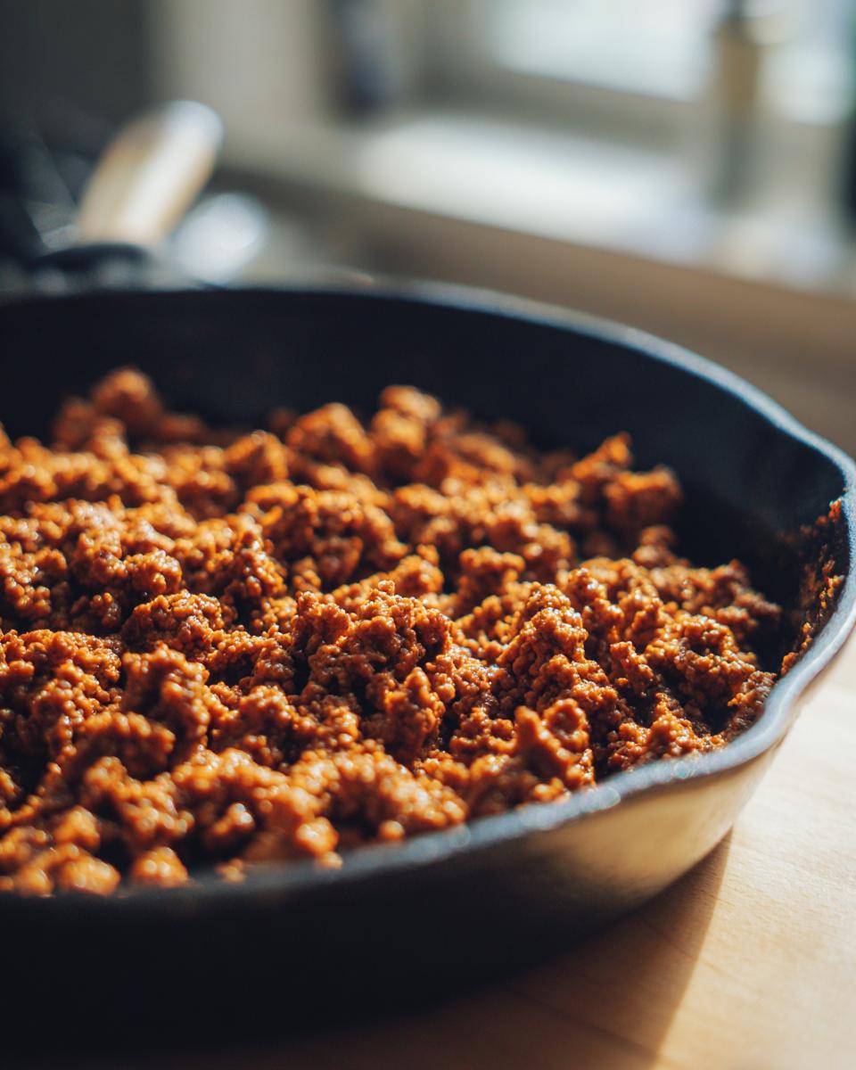 Cooked ground beef in a cast iron skillet, showing texture and browning. Perfect Ground Beef Recipes start here.