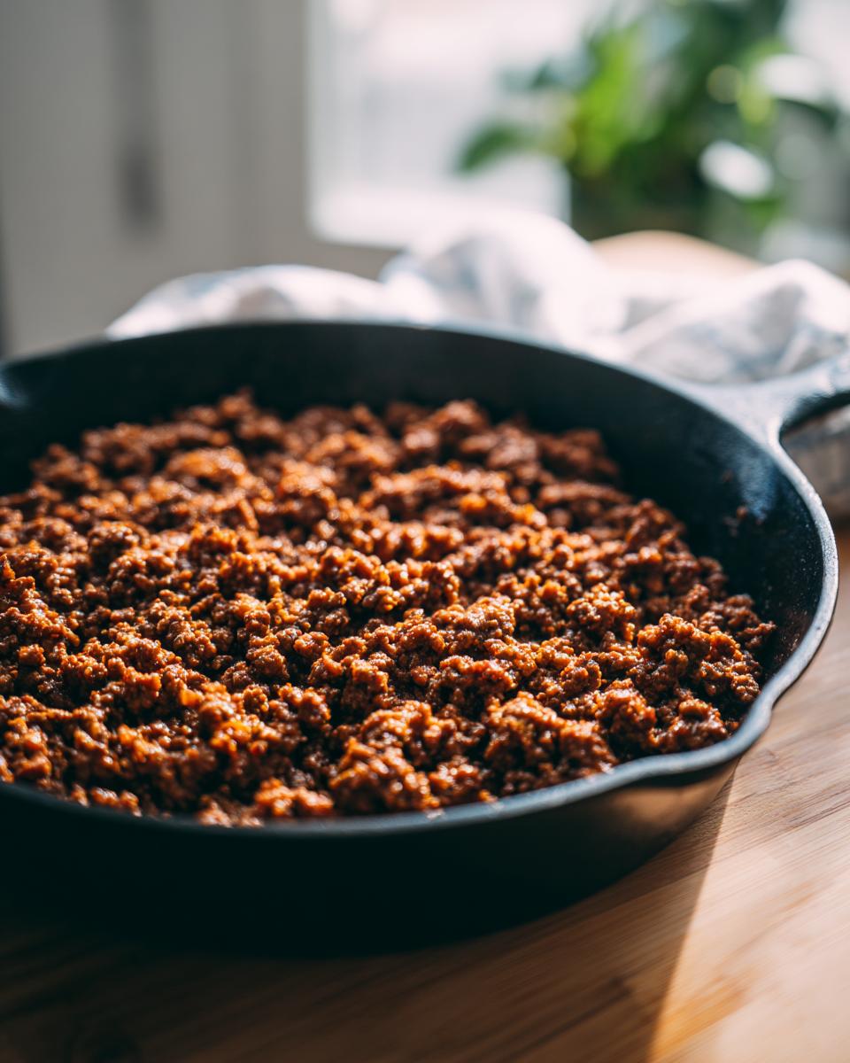 Cooked ground beef in a cast iron skillet, showcasing What Makes Perfect Ground Beef Recipes.