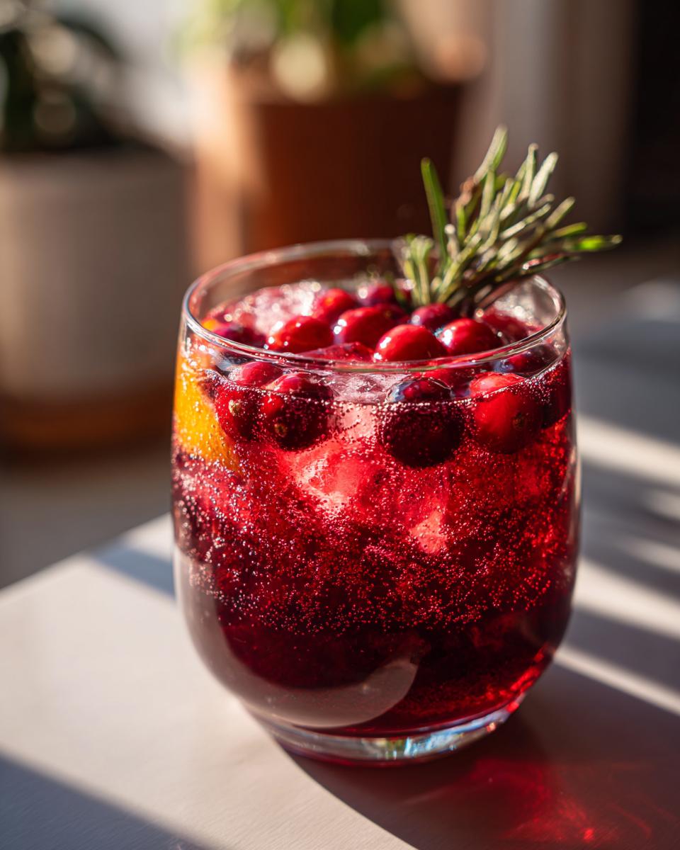 Festive cranberry and rosemary cocktail, a perfect Thanksgiving drink, in a glass with ice and a sprig of rosemary.