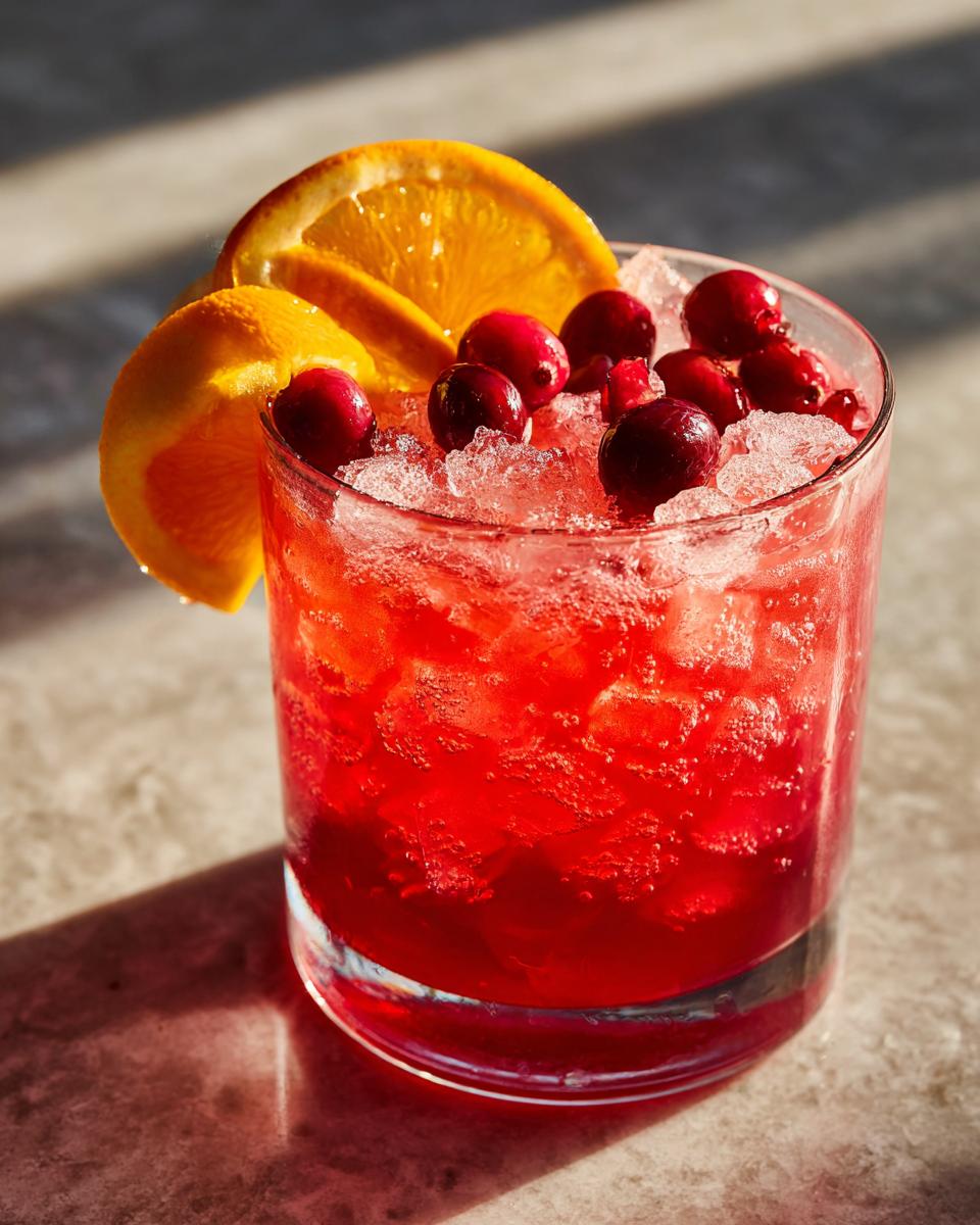 Restaurant-Style Thanksgiving Drinks at Home: A red cranberry cocktail with ice, orange slices, and cranberries.