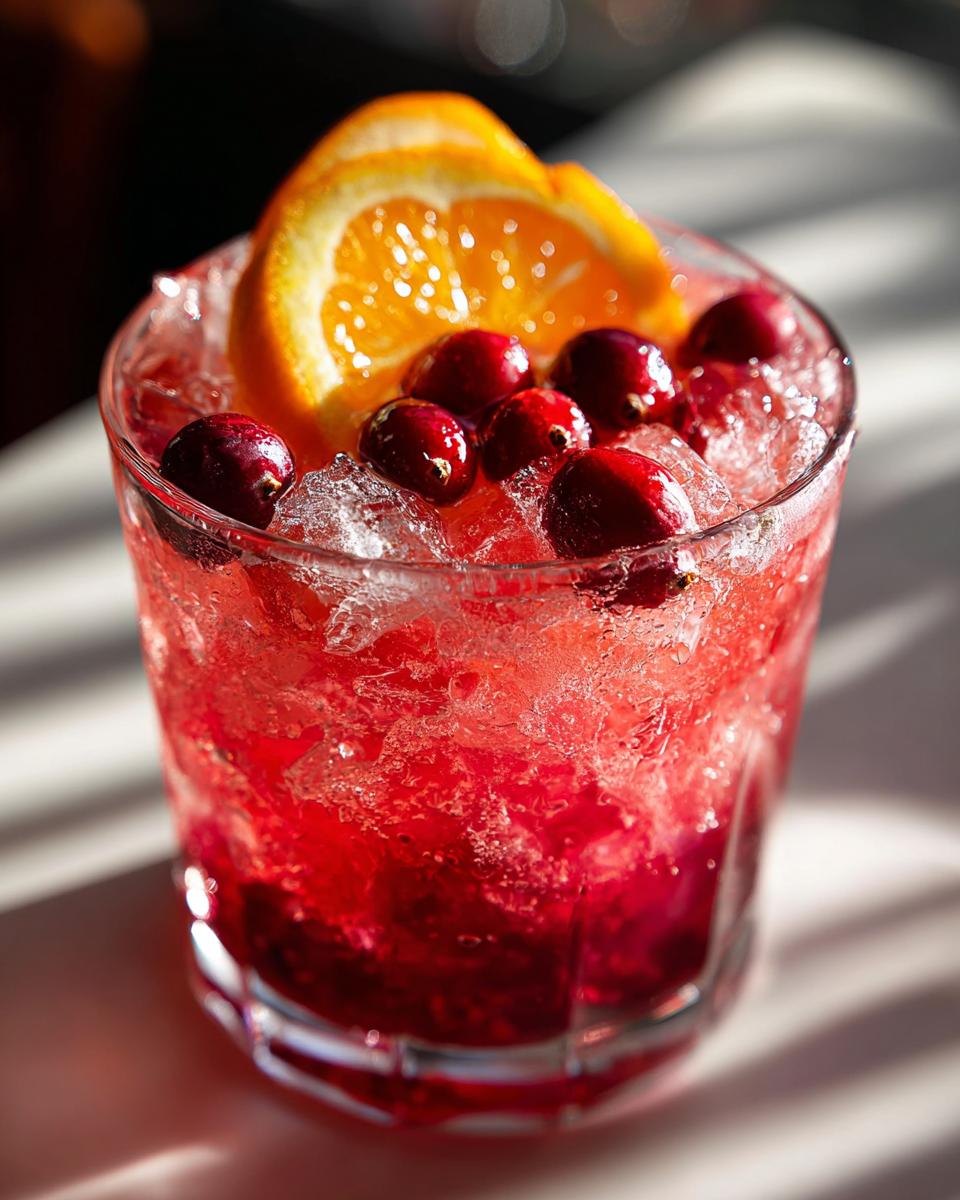 A vibrant Restaurant-Style Thanksgiving Drink at Home with cranberries, orange slice, and crushed ice in a glass.