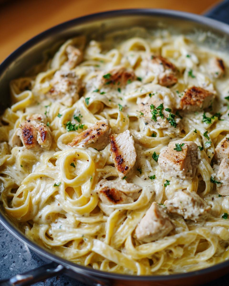 Restaurant-Style Dinner Ideas at Home: Creamy fettuccine with grilled chicken and parsley in a pan.
