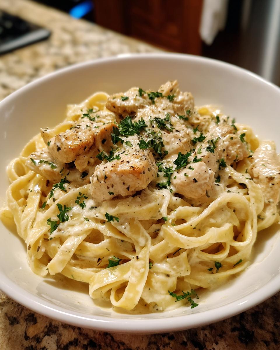 Bowl of creamy chicken fettuccine, a Restaurant-Style Dinner Ideas at Home, garnished with parsley.
