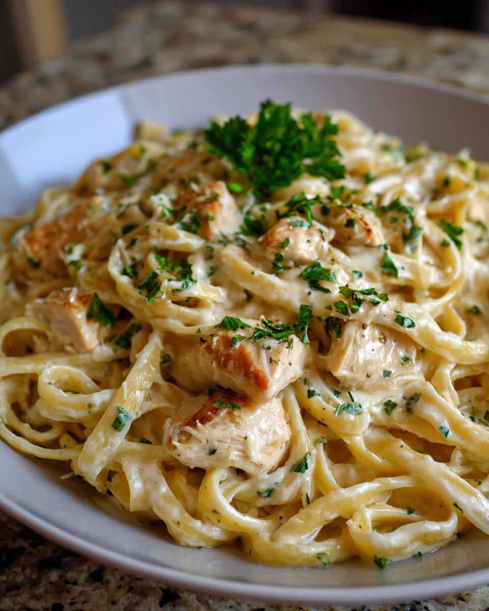 A plate of creamy chicken fettuccine, a delicious Restaurant-Style Dinner Ideas at Home, garnished with parsley.