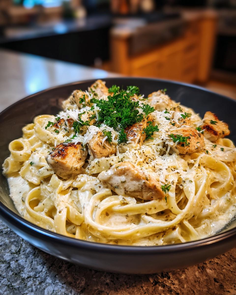 Bowl of creamy chicken fettuccine, a Restaurant-Style Dinner Idea, garnished with parsley and parmesan.