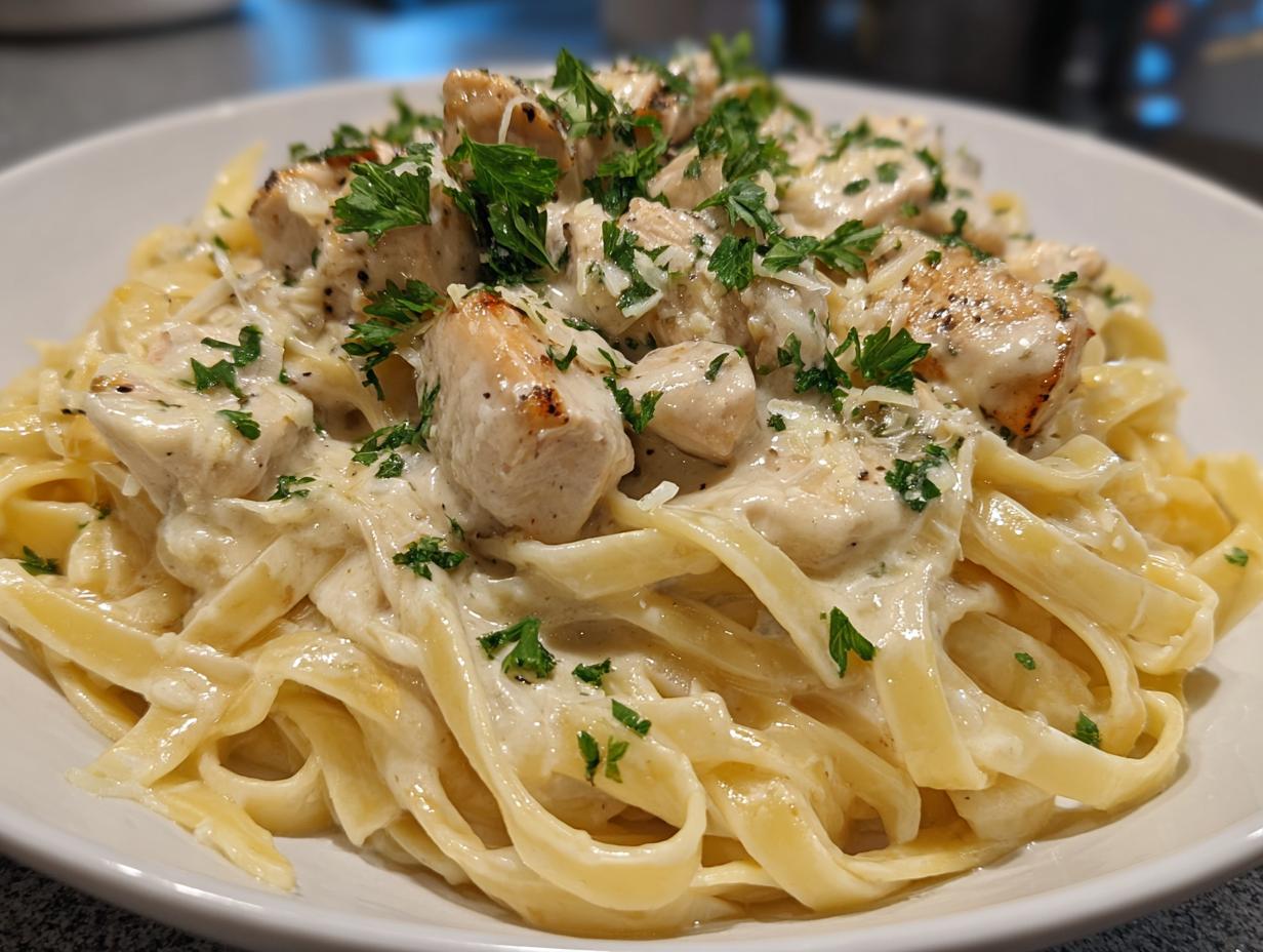 Chicken fettuccine alfredo, a delicious Restaurant-Style Dinner Ideas at Home. Pasta with creamy sauce, chicken, and parsley.