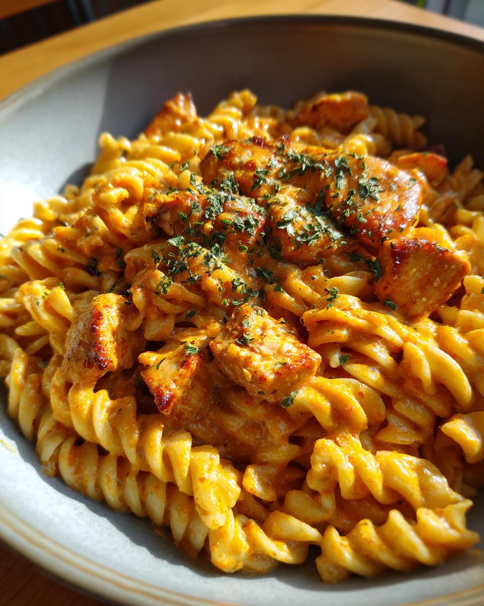 Close-up of creamy chicken pasta, a Restaurant-Style Pasta Recipes dish, garnished with fresh herbs.
