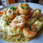 A plate of Creamy Garlic Shrimp Over Mashed Potatoes, garnished with fresh parsley.