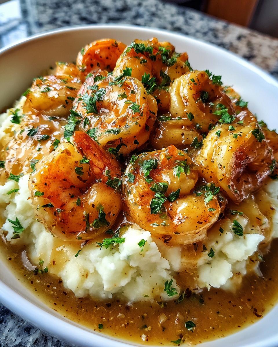 A bowl of Creamy Garlic Shrimp Over Mashed Potatoes, garnished with fresh parsley.