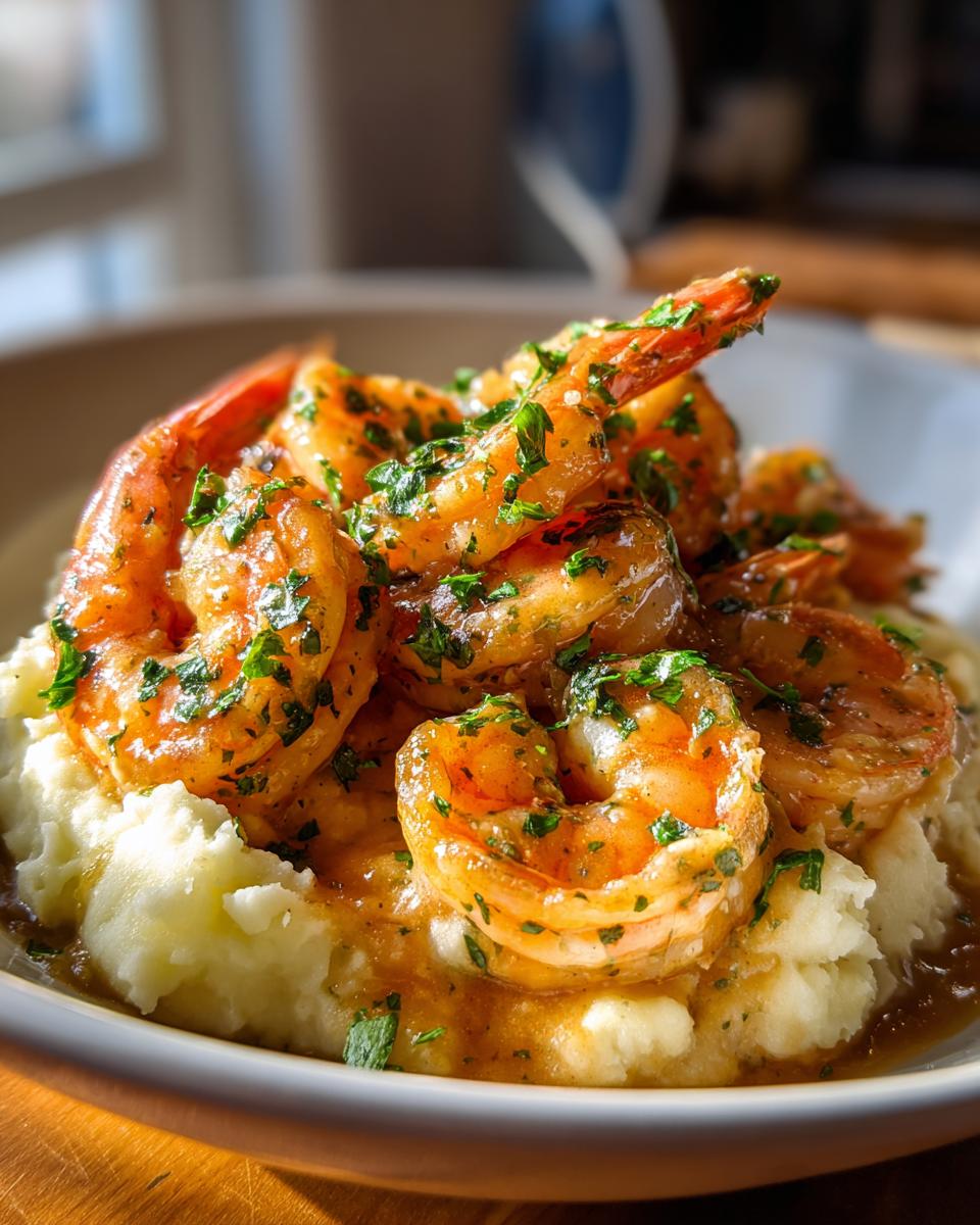A plate of Creamy Garlic Shrimp Over Mashed Potatoes, garnished with fresh parsley.