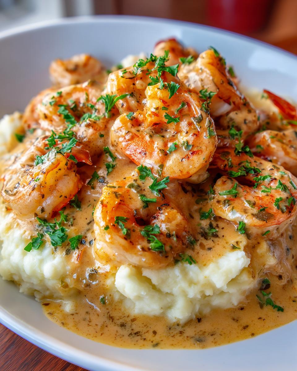 A delicious plate of Creamy Garlic Shrimp Over Mashed Potatoes, garnished with fresh parsley.
