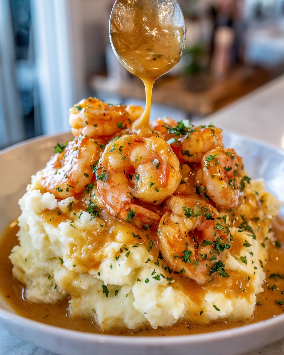 Creamy Garlic Shrimp Over Mashed Potatoes being drizzled with sauce from a spoon, garnished with parsley.