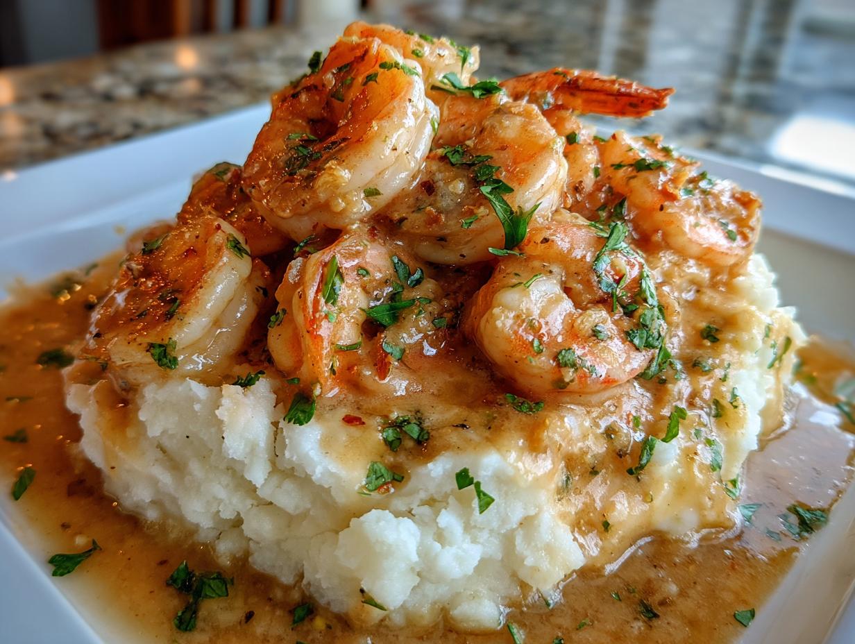 Close-up of Creamy Garlic Shrimp Over Mashed Potatoes, garnished with parsley.