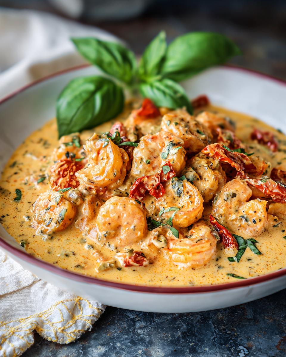 Bowl of creamy shrimp scampi with sun-dried tomatoes and basil, perfect for Easy Dinner Recipes.