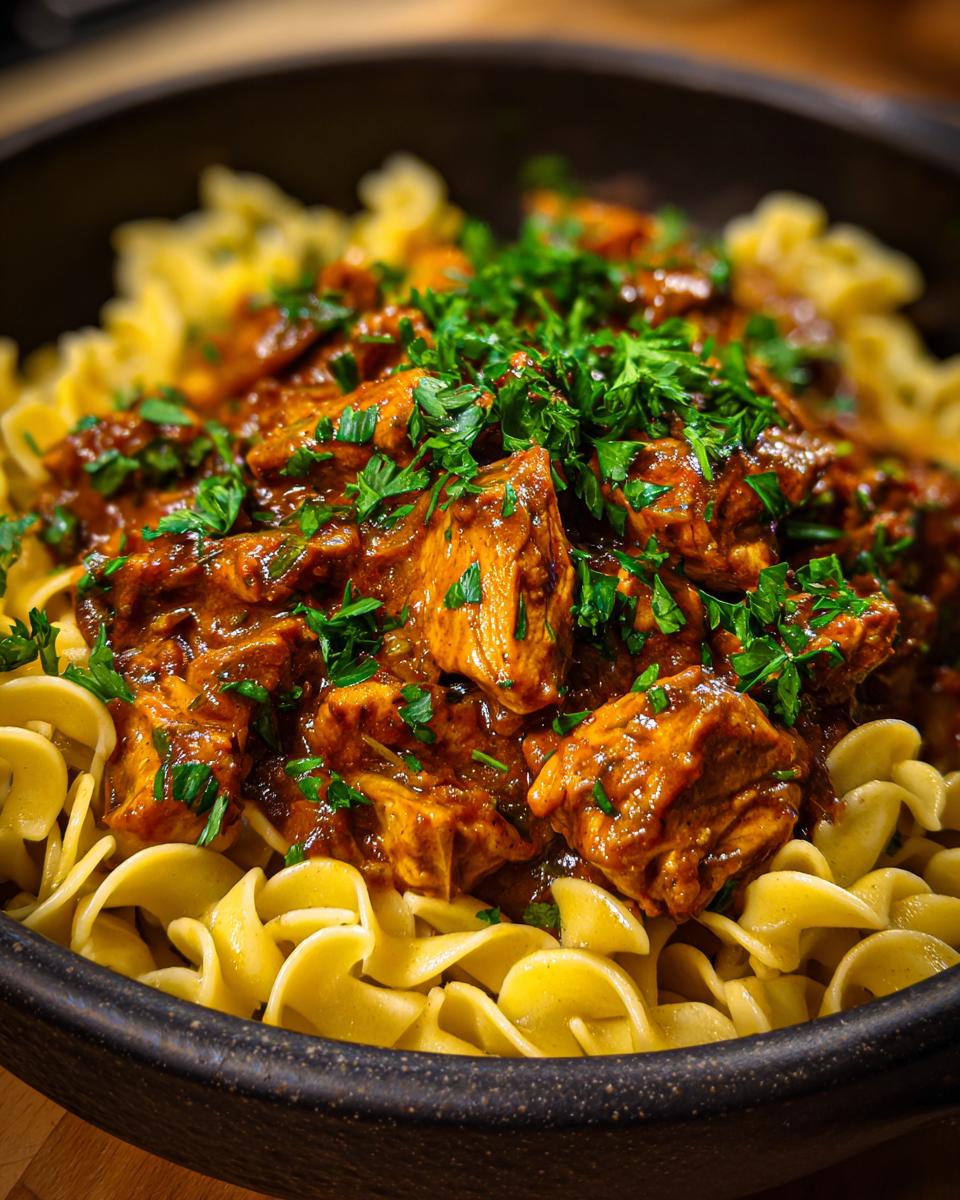 Bowl of Creamy Turkey Stroganoff (Lightened) served over egg noodles and garnished with fresh parsley.