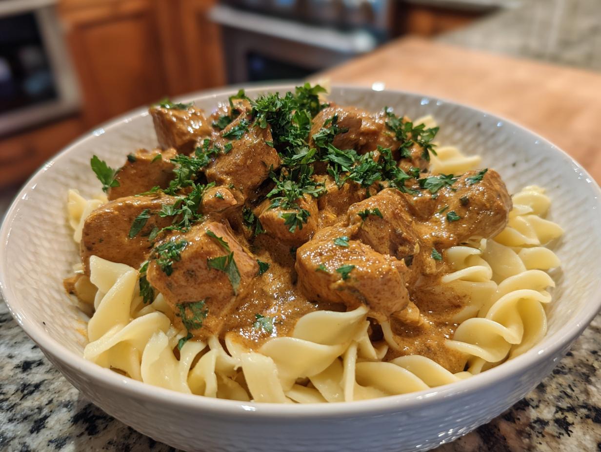 A delicious bowl of Creamy Turkey Stroganoff (Lightened) with egg noodles and parsley garnish.