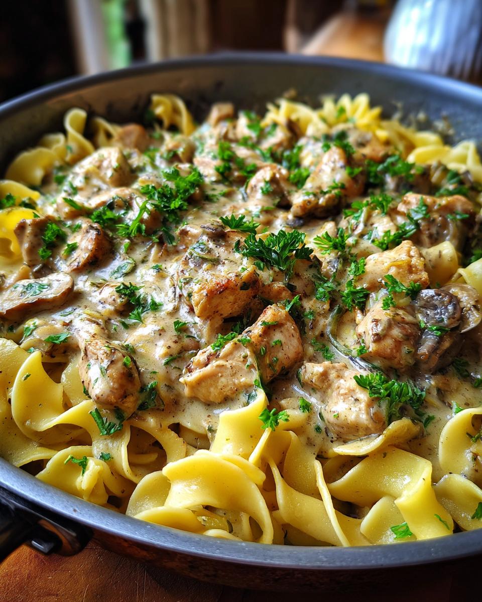 Pan of Creamy Turkey Stroganoff with egg noodles, mushrooms, and parsley garnish.