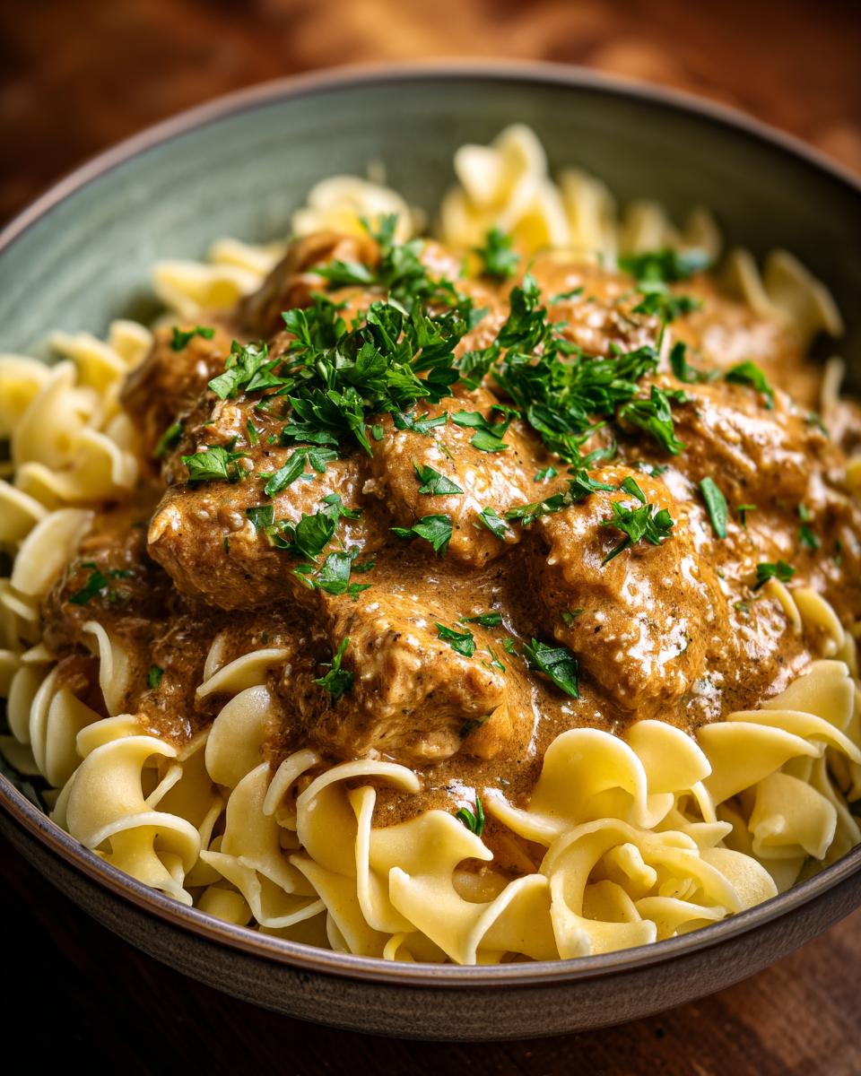 A bowl of Creamy Turkey Stroganoff (Lightened) served over egg noodles and garnished with fresh parsley.