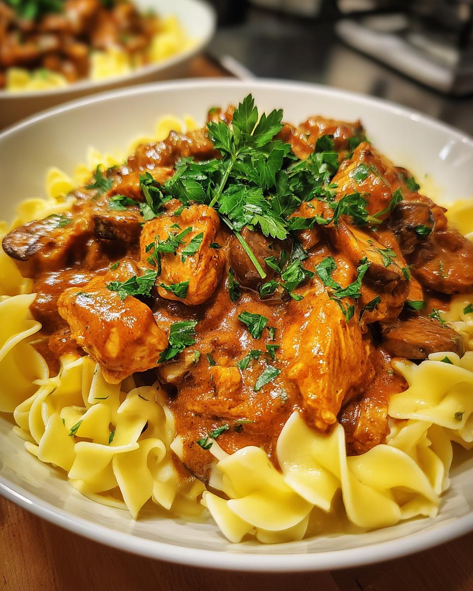 A bowl of Creamy Turkey Stroganoff (Lightened) served over egg noodles and garnished with fresh parsley.