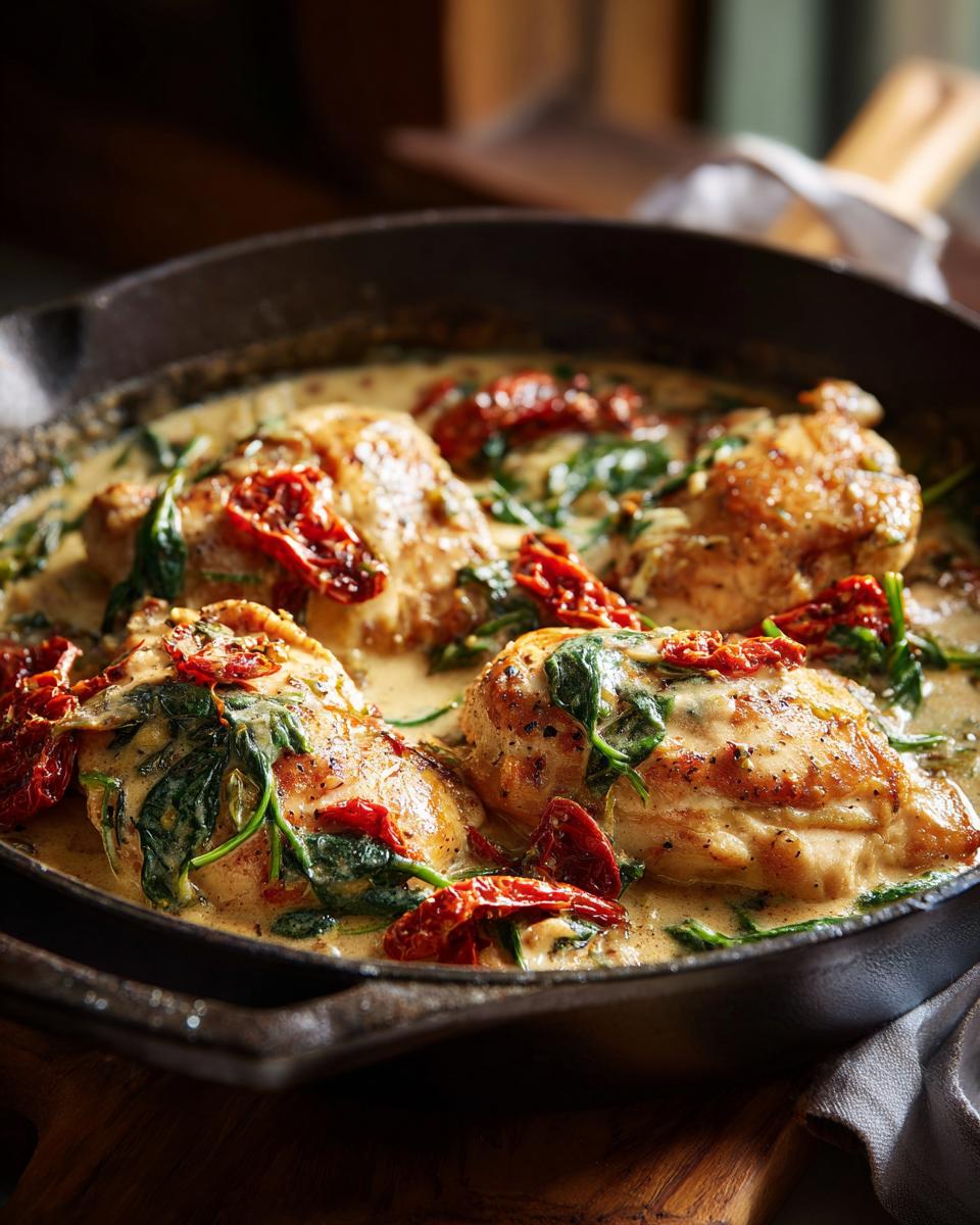 Close-up of Creamy Tuscan Chicken (Skillet) with sun-dried tomatoes and spinach in a creamy sauce.