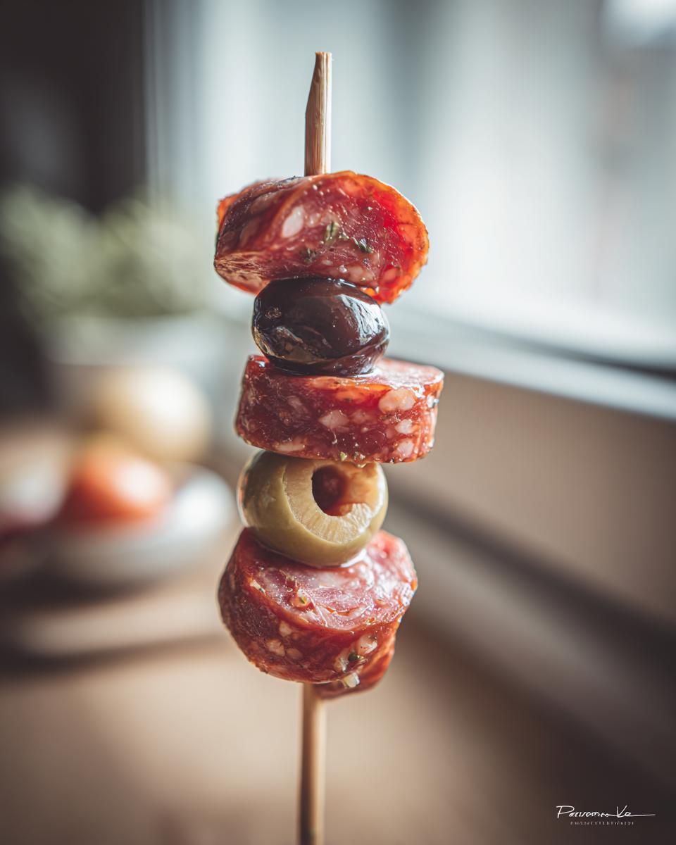 A close-up of Creepy Skewered Salami “Eyeballs” featuring salami slices and olives on a skewer.
