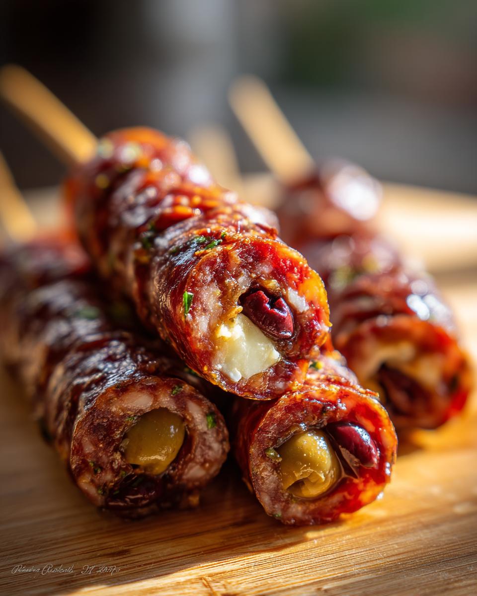 Close-up of Creepy Skewered Salami “Eyeballs” filled with olives and cheese on wooden skewers.