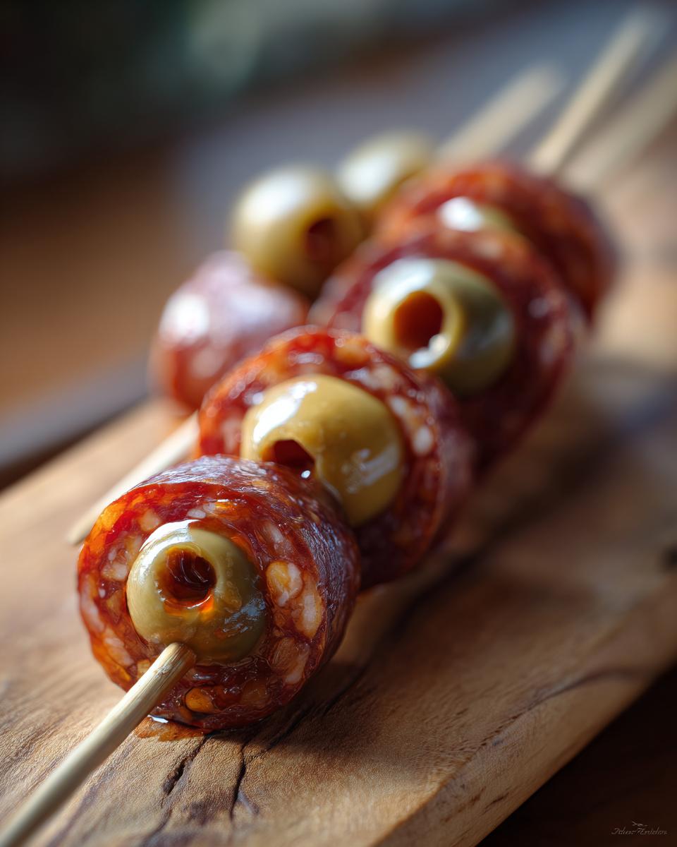 Close-up of Creepy Skewered Salami “Eyeballs” appetizer, featuring salami slices and green olives on a wooden skewer.
