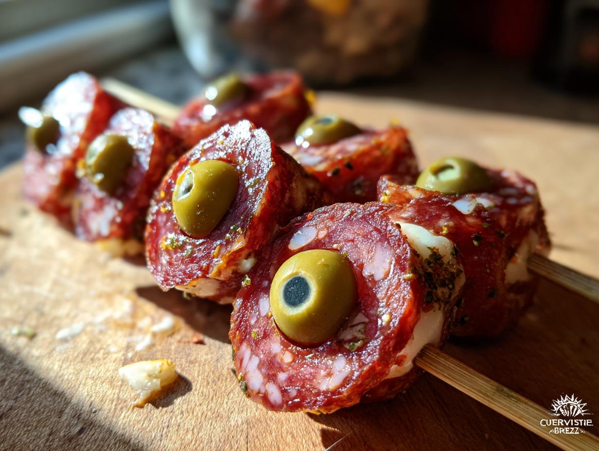 Close-up of Creepy Skewered Salami “Eyeballs” treat, featuring salami slices and olive 'pupils' on skewers.