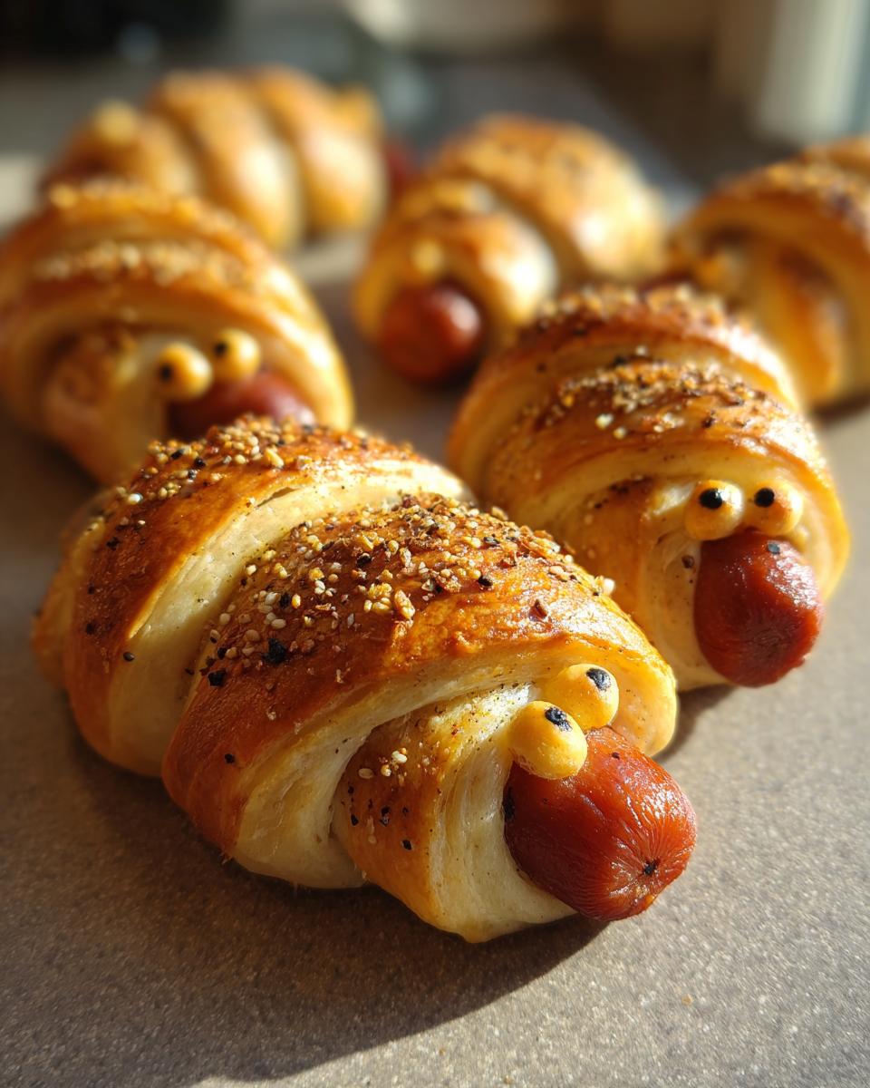 Close-up of Crescent-Wrapped “Mummy Pigs” with Everything Seasoning and candy eyes.