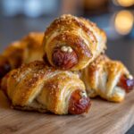 Close-up of Crescent-Wrapped “Mummy Pigs” with Everything Seasoning on a wooden board. The pigs have mustard eyes.