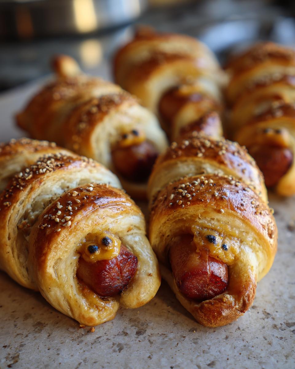 Close-up of Crescent-Wrapped “Mummy Pigs” with Everything Seasoning, baked until golden brown with visible eyes.