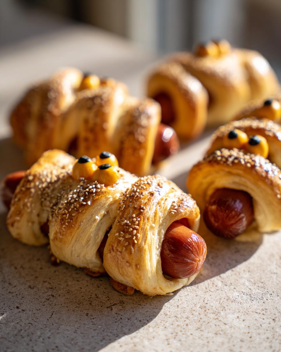 Close-up of Crescent-Wrapped “Mummy Pigs” with Everything Seasoning and candy eyes.