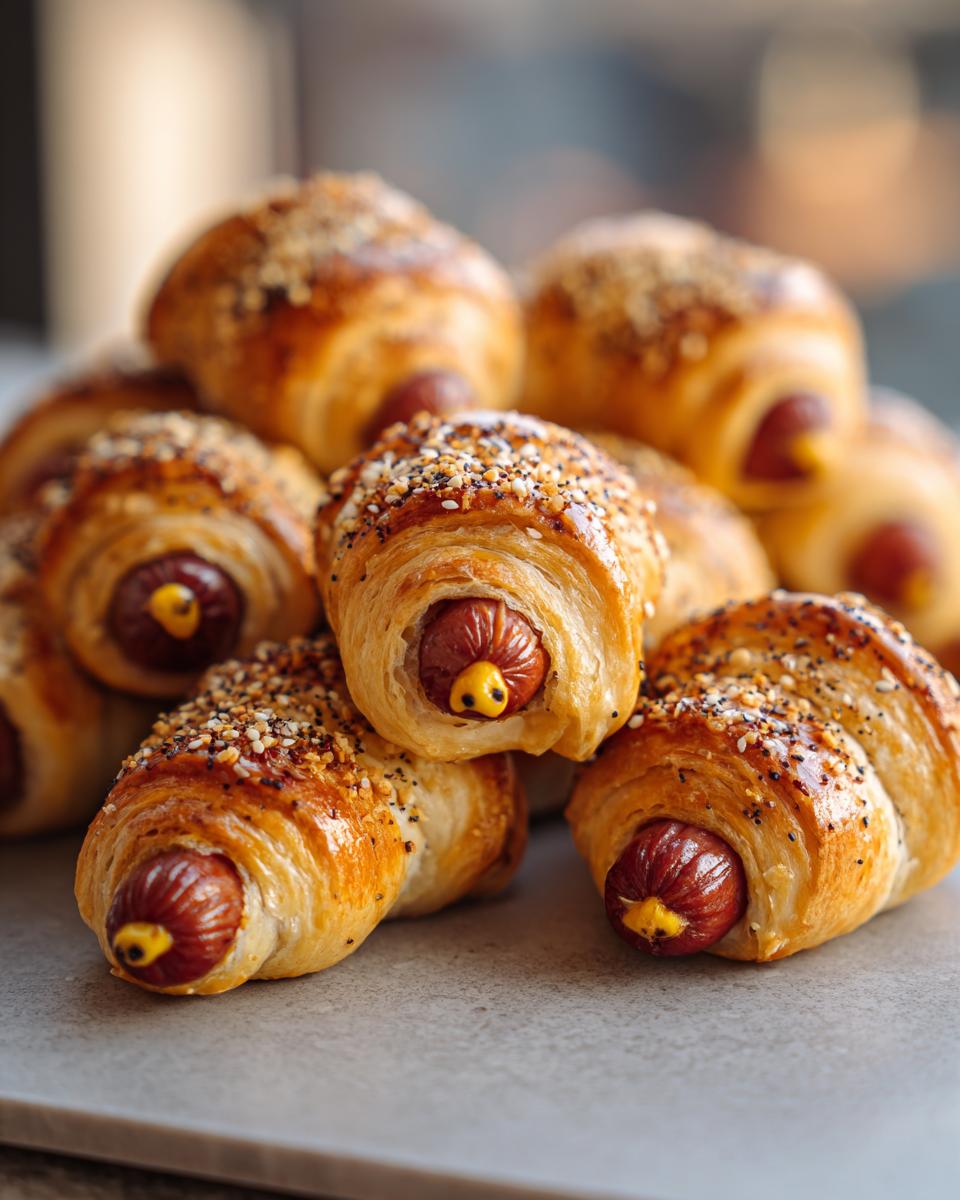 Pile of Crescent-Wrapped “Mummy Pigs” with Everything Seasoning on a gray surface, showing the sausage and crescent dough.