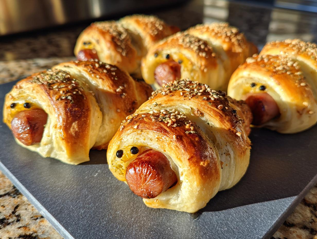 Crescent-Wrapped “Mummy Pigs” with Everything Seasoning, baked until golden brown and arranged on a gray serving plate.