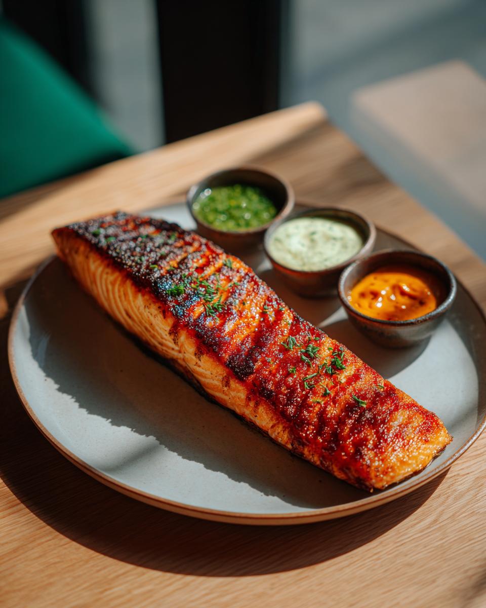 Perfectly cooked Crispy Air Fryer Salmon served with three flavorful sauces on a plate.