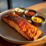 A piece of Crispy Air Fryer Salmon served with three different dipping sauces on a plate.