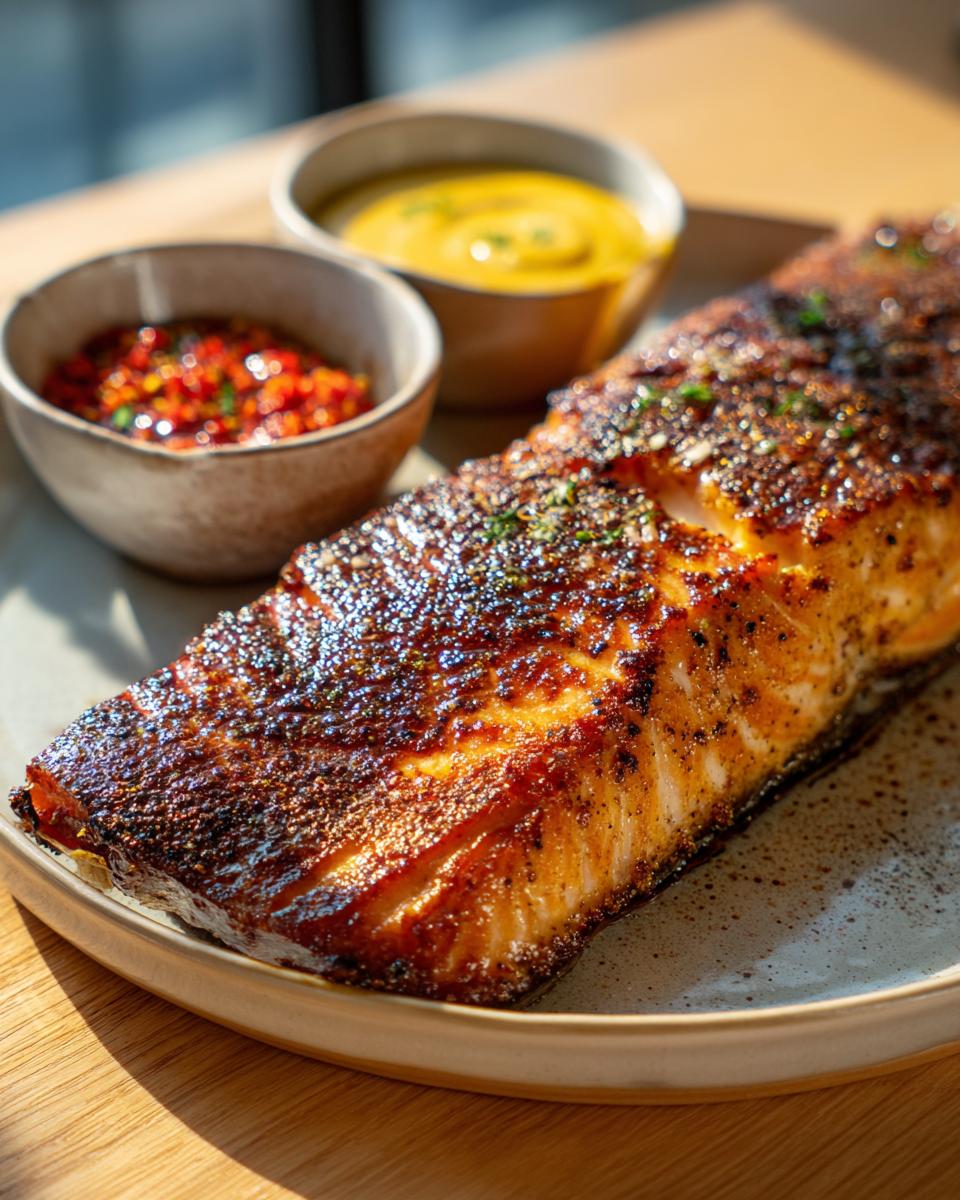 Perfectly cooked Crispy Air Fryer Salmon served with two dipping sauces on a plate.