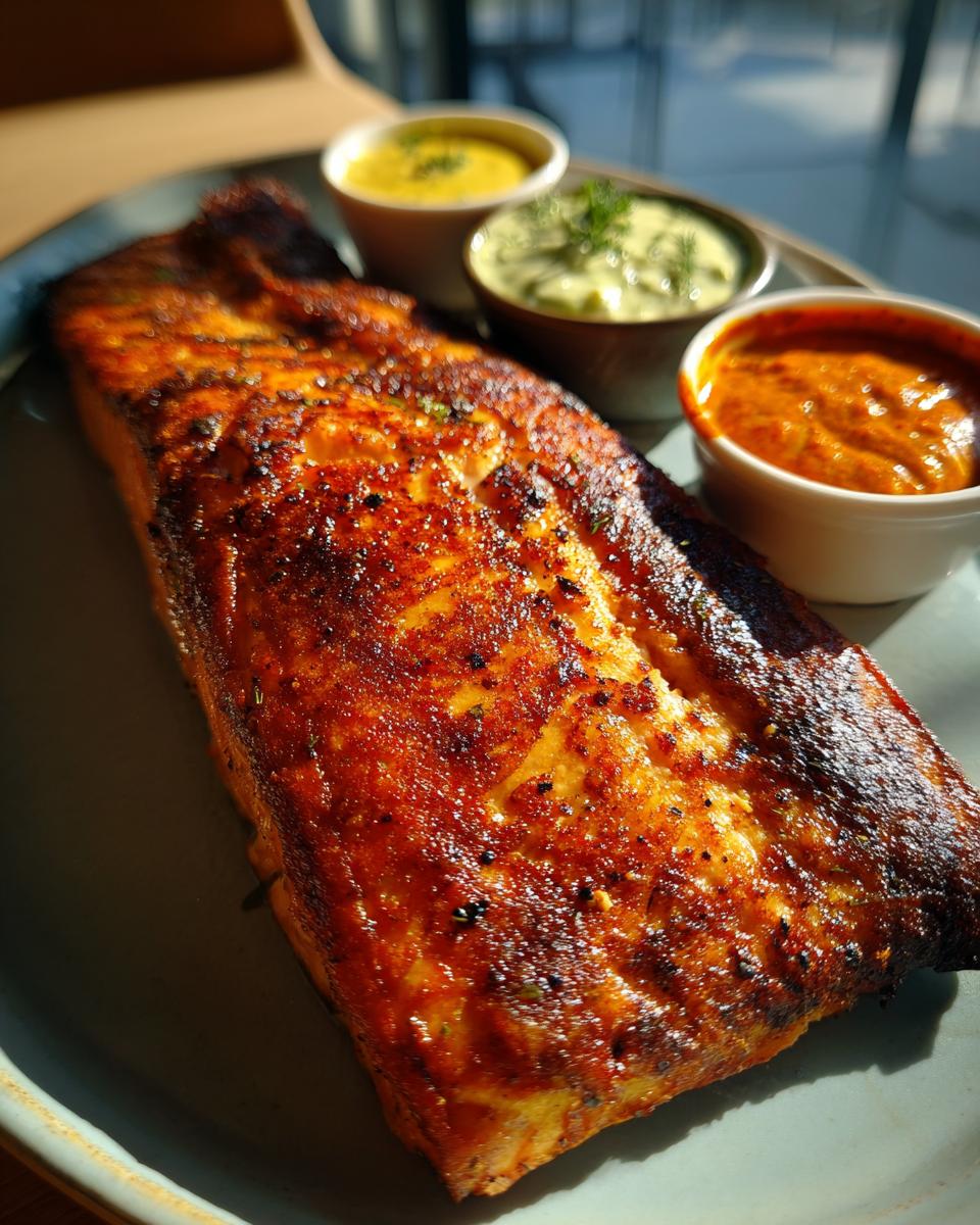 Close-up of crispy air fryer salmon served with three different sauces on a plate.