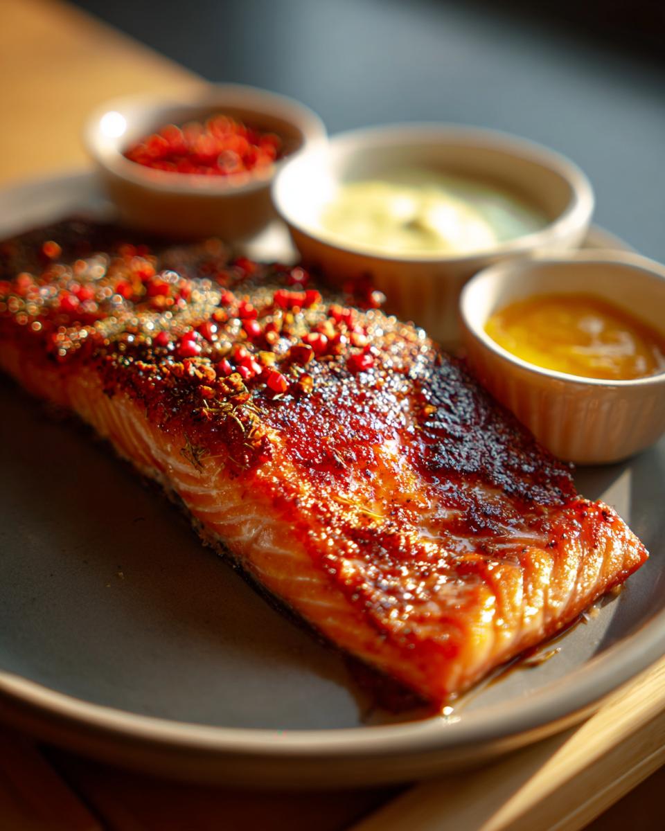 A perfectly cooked piece of Crispy Air Fryer Salmon with 3 Sauces, garnished with spices and served with three dipping sauces.