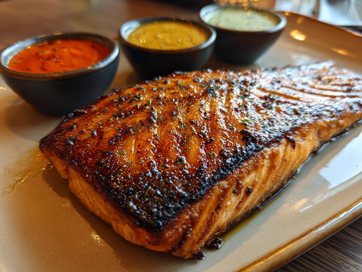 Perfectly cooked Crispy Air Fryer Salmon served with three delicious dipping sauces.