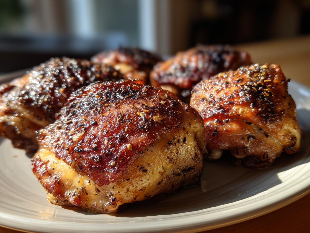 Close-up of crispy baked chicken thigh recipes on a plate, showcasing the golden-brown skin and seasoning.