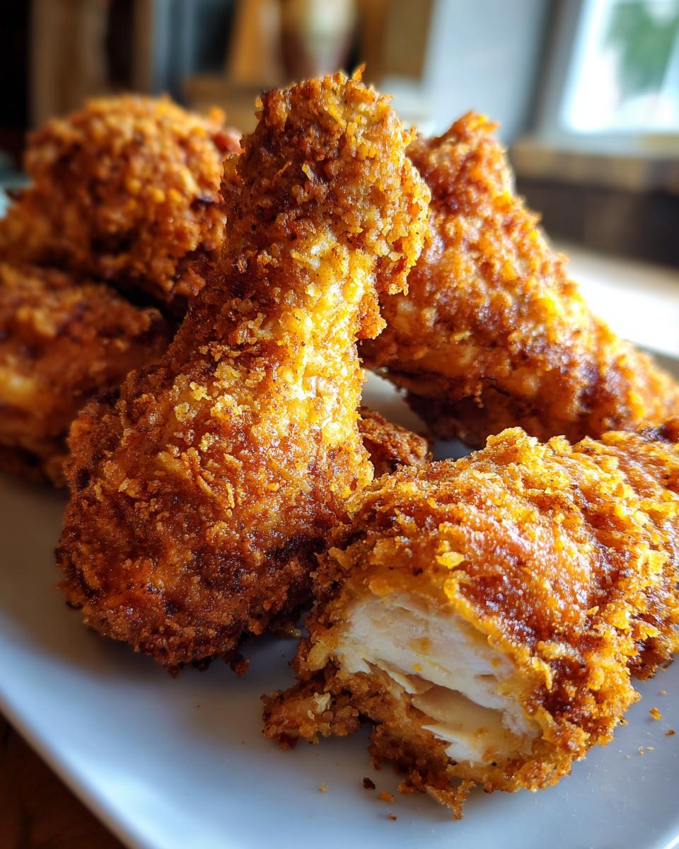Close-up of Crispy Baked Parmesan Chicken pieces on a plate, showing the golden-brown crust and juicy chicken inside.